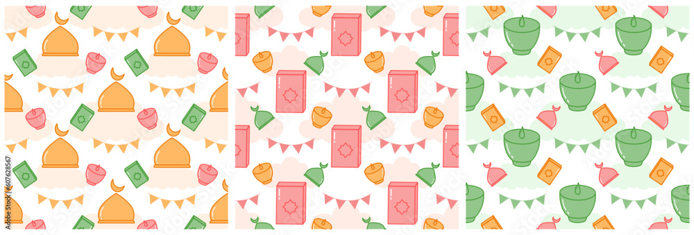Set of Happy Islamic New Year Seamless Pattern Design Flat Illustration with Muslims Elements in Template Hand Drawn Set of Happy Islamic New Year Seamless Pattern Design Flat Illustration with Muslims Elements in Template Hand Drawn