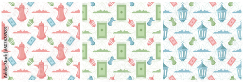 Set of Happy Islamic New Year Seamless Pattern Design Flat Illustration with Muslims Elements in Template Hand Drawn