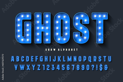 Retro cinema alphabet design, cabaret, LED lamps letters and numbers.