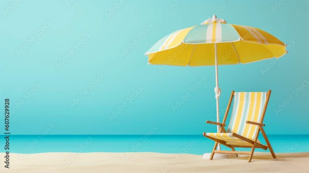 Empty deck chair with umbrella on pastel background. Generative ai