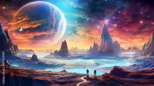 Fantastical planet with swirling clouds and colorful land. Generative ai
