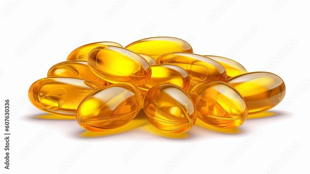 Fish oil gel capsules omega 3 isolated on white background. Generative ai Fish oil gel capsules omega 3 isolated on white background. Generative ai