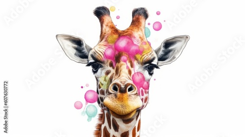Giraffe wearing glasses and bubble with pink bubbles gum. Generative ai