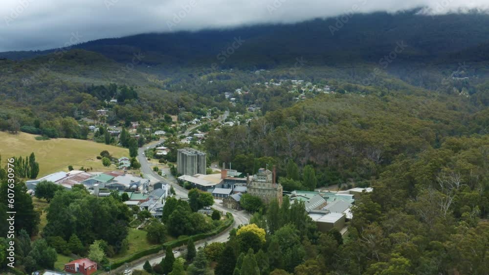 Aerial Drone Flyover Hobart Cascade Brewery Building And Surroundings On Cloudy Day, Tasmania 4K Slow Motion Aerial Drone Flyover Hobart Cascade Brewery Building And Surroundings On Cloudy Day, Tasmania 4K Slow Motion