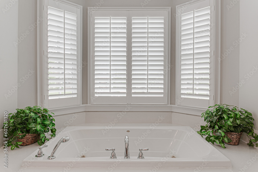 Luxury Modern Soaking Tub in Primary Bathroom with White Plantation Shutters and Plant Styling