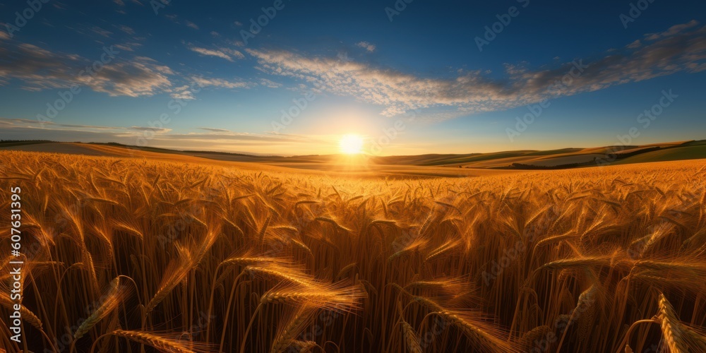 Field of golden wheat against the background of the morning sun in the sky with clouds. AI  generation  - obrazy, fototapety, plakaty 