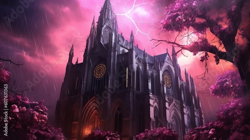 Gothic cathedral with pink roses and purple lightning. Generative ai