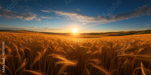 Fototapete Field of golden wheat against the background of the morning sun in the sky with clouds