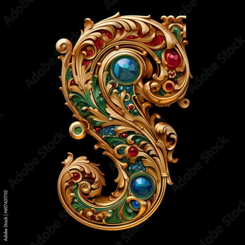 Capital letter "S" made of gold and gem stones in Art Nouveau style. Made with Generative AI.
