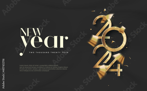 Luxury design happy new year number 2024. On black background. Premium vector design for poster, banner, greeting and celebration of happy new year 2024.