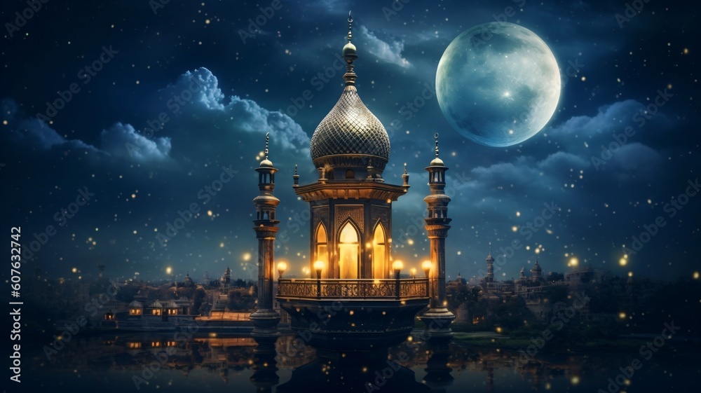 light mosque with blue night big moon sky background. Eid al adha celebrate islamic day. Generative ai