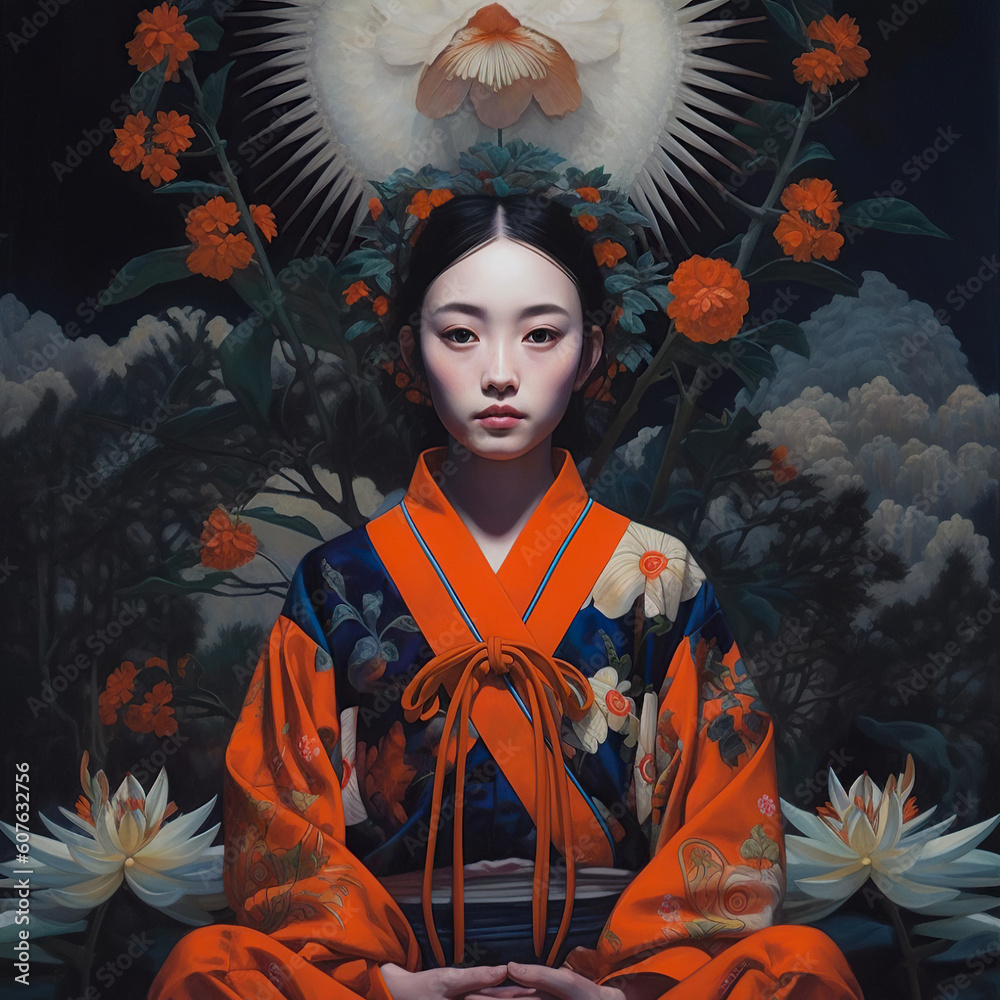 Fototapeta premium Japan Style Digital Art. A Blend of Modern and Traditional Aesthetics, Cultural Zen Sakura, Minimalistic Kimono Patterns, Pagoda Inspirations. Japanese girl. Generative AI