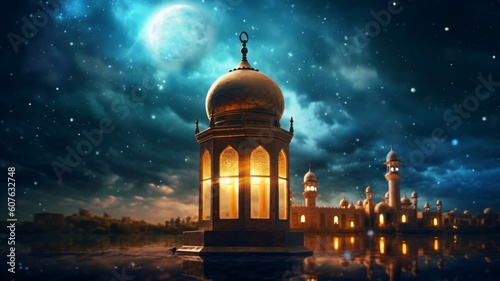 Lantern mosque shape with blue night outer space sky background. Eid al adha celebrate islamic day. Generative ai