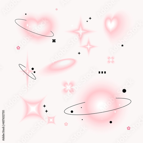 Pink glow blurred hearts, stars, sun, and flowers shapes on soft background. y2k Style. Vector illustration.