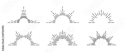 Half sunburst frame set. Sunrise and sunset symbols collection. Radial sunshine light rays pack. Retro sunbeam shapes. Design elements for logo, label, badge, poster, icon. Vector bundle