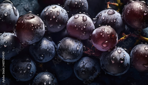 Close up of clean red grapes with water drop in dark black background. Fresh fruit and Vegetable concept. Nutrition and vitamin theme. Generative AI