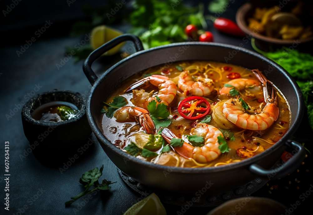 Tom Yam Kung ,Prawn and lemon soup with mushrooms, thai food in bowl. Generative Ai. Tom Yam Kung ,Prawn and lemon soup with mushrooms, thai food in bowl. Generative Ai.