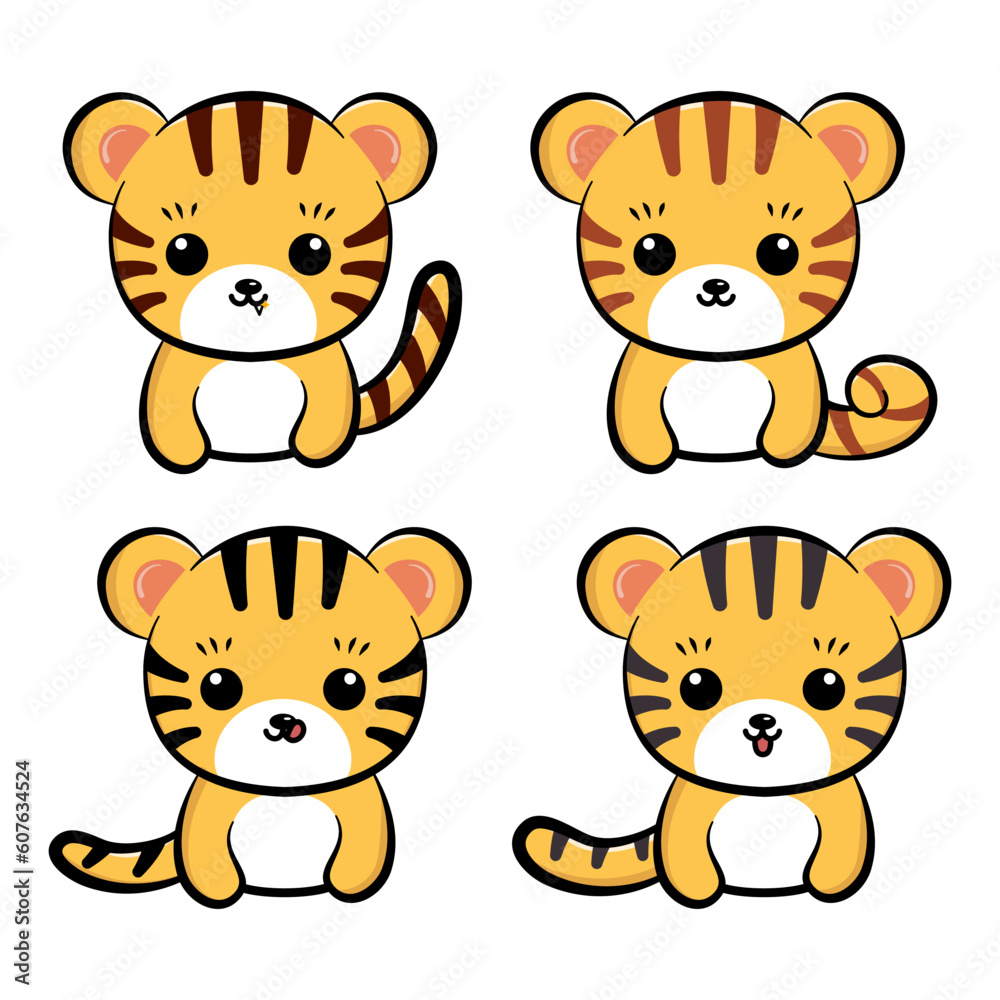 Fototapeta premium Set of cute cartoon tigers. Vector illustration isolated on white background.
