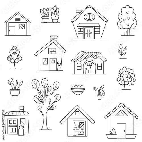 Set of minimal doodle houses and trees. Vector illustration isolated on white background.