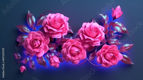 Roses flowers with pink neon frame. Generative ai