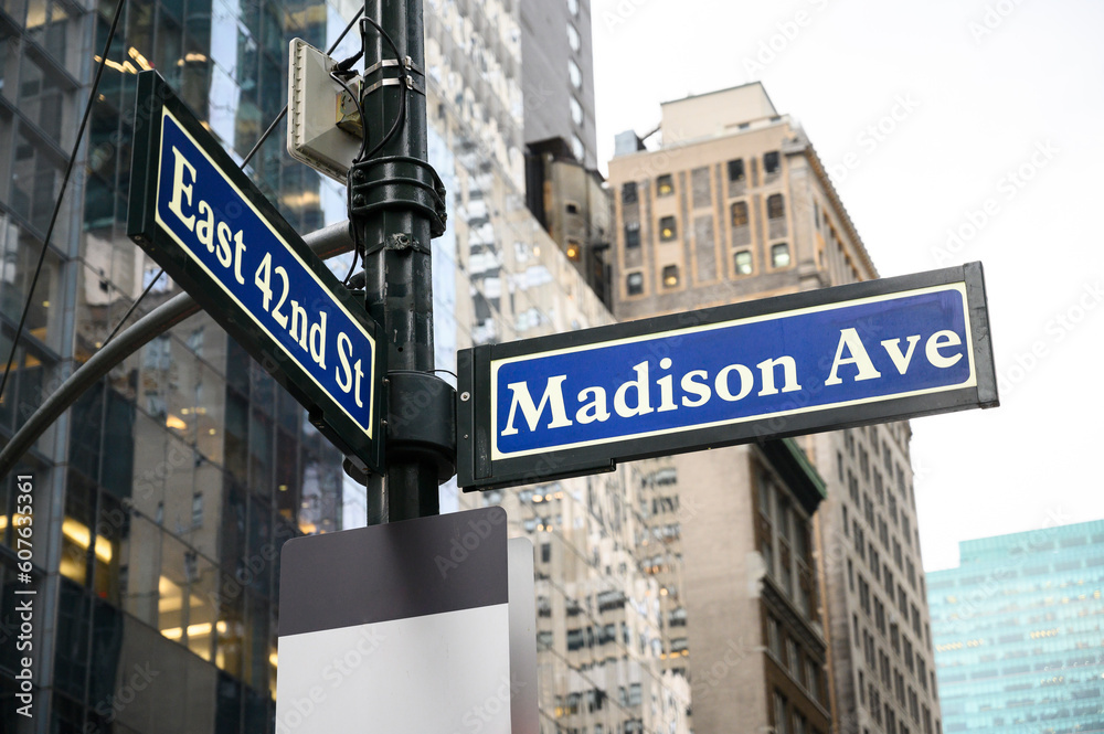 Fototapeta premium Madison Avenue and East 42nd Street steet signs in New York City. Buildings in background.