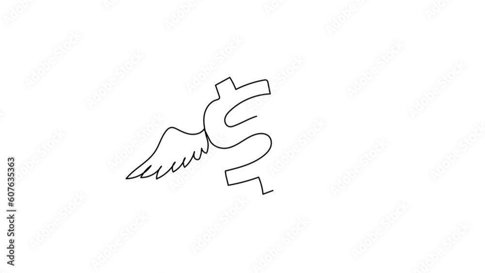 Self drawing animation of single line draw flying American dollar symbol with wings. Symbolizing the rise of the dollar in market. Dollar symbol and wings. Continuous line draw. Full length animated Self drawing animation of single line draw flying American dollar symbol with wings. Symbolizing the rise of the dollar in market. Dollar symbol and wings. Continuous line draw. Full length animated
