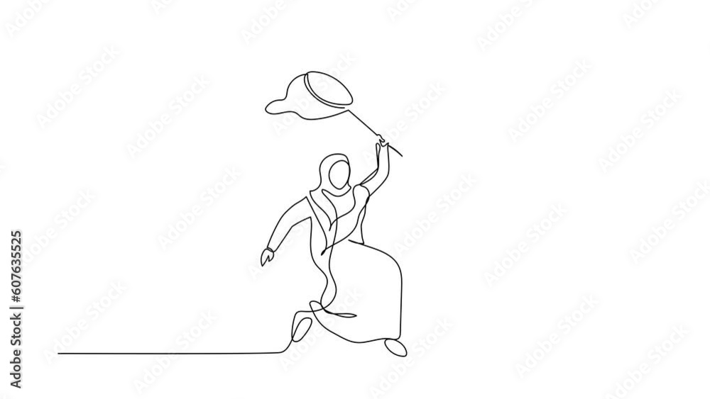 Animated self drawing of single continuous line draw Arab businesswoman try to catching flying shopping bag with net. Retail store sales decline due to economic crisis. Full length one line animation Animated self drawing of single continuous line draw Arab businesswoman try to catching flying shopping bag with net. Retail store sales decline due to economic crisis. Full length one line animation