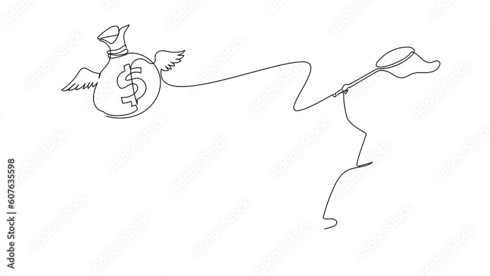 Self drawing animation of single one line draw Arabian businessman try to catching flying money bag with net. Failed to get annual bonus. Business metaphor. Continuous line draw. Full length animated Self drawing animation of single one line draw Arabian businessman try to catching flying money bag with net. Failed to get annual bonus. Business metaphor. Continuous line draw. Full length animated