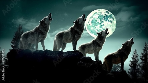 Several wolves howling at the moon. Generative ai