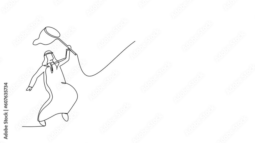 Self drawing animation of single line draw Arab businessman try to catching flying shopping bag with net. Lost groceries at supermarket. Business metaphor. Continuous line draw. Full length animated Self drawing animation of single line draw Arab businessman try to catching flying shopping bag with net. Lost groceries at supermarket. Business metaphor. Continuous line draw. Full length animated