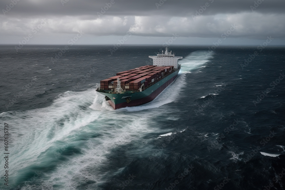Naklejka premium Aerial view of a loaded container cargo ship as it speeds over the ocean. Generative AI