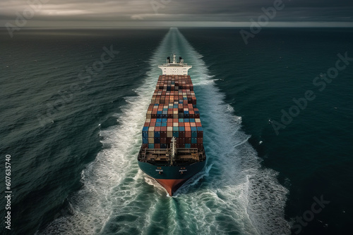 Aerial view of a loaded container cargo ship as it speeds over the ocean. Generative AI