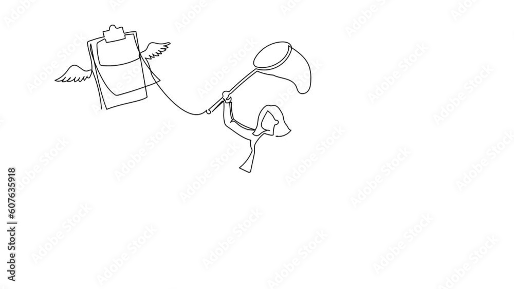 Animated self drawing of continuous line draw businesswoman try to catching flying clipboard with net. Missing checklist. Inaccurate data, document, working papers. Full length single line animation Animated self drawing of continuous line draw businesswoman try to catching flying clipboard with net. Missing checklist. Inaccurate data, document, working papers. Full length single line animation