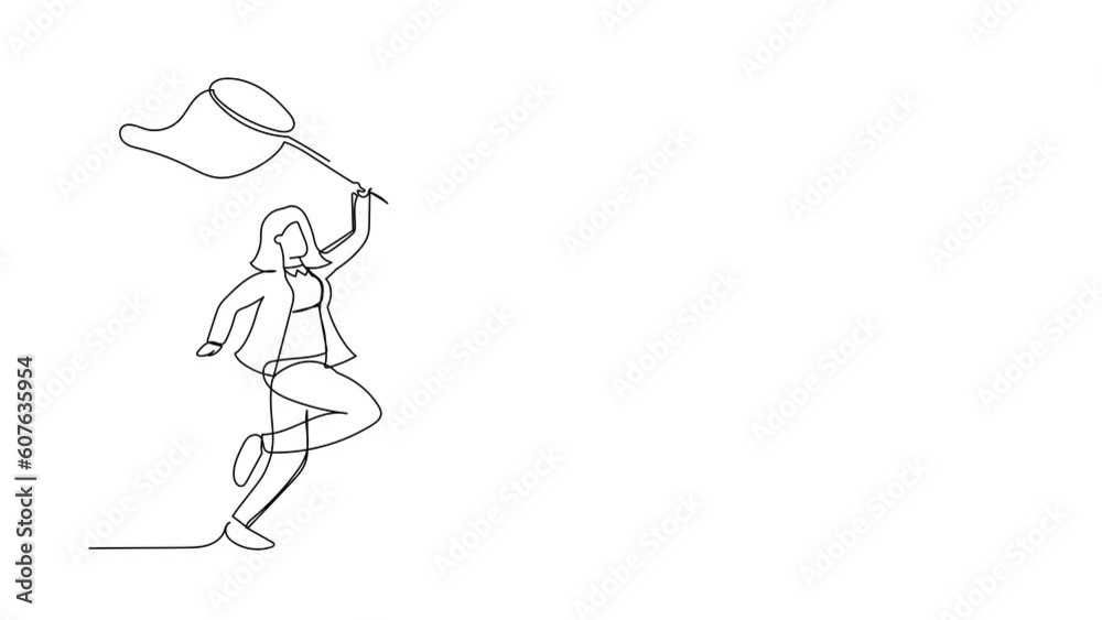 Self drawing animation of single one line draw businesswoman try to catching flying laptop with net. Losing data information due to cyber crime or computer virus. Continuous line. Full length animated Self drawing animation of single one line draw businesswoman try to catching flying laptop with net. Losing data information due to cyber crime or computer virus. Continuous line. Full length animated