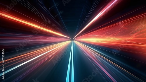 Speed light trail in empty highway tunnel. Generative ai