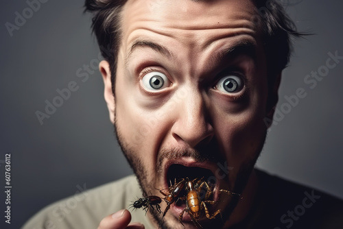 Abstract, a man eats insects, fictional insect species, disgusted facial expression. Generative AI