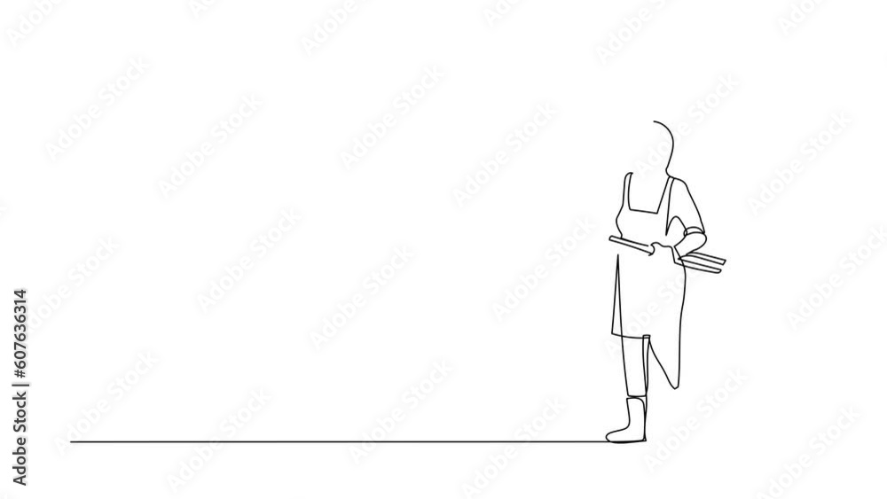 Animated self drawing of continuous one line draw blacksmith wearing apron standing holding hot blade forged with pliers and tongs. Medieval blacksmith making swords. Full length single line animation Animated self drawing of continuous one line draw blacksmith wearing apron standing holding hot blade forged with pliers and tongs. Medieval blacksmith making swords. Full length single line animation