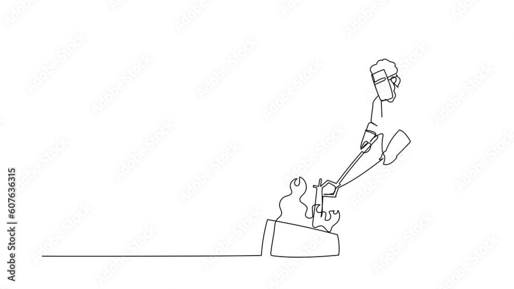 Animated self drawing of continuous line draw bearded blacksmith wearing leather apron gloves and face shield heating iron sword piece in coal fire in his workshop. Full length one line animation Animated self drawing of continuous line draw bearded blacksmith wearing leather apron gloves and face shield heating iron sword piece in coal fire in his workshop. Full length one line animation