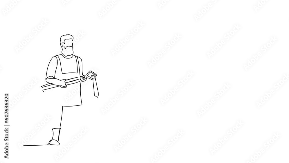 Self drawing animation of single line draw bearded blacksmith wearing apron standing holding hot blade forged with pliers and tongs. Craftsman making swords. Continuous line draw. Full length animated Self drawing animation of single line draw bearded blacksmith wearing apron standing holding hot blade forged with pliers and tongs. Craftsman making swords. Continuous line draw. Full length animated