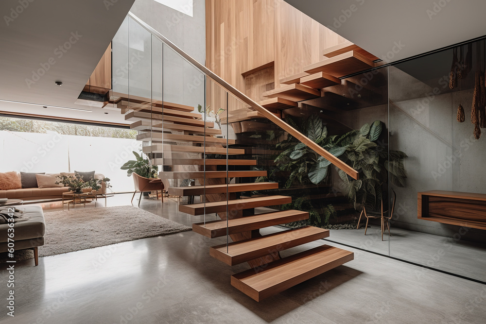 Φωτογραφία A contemporary interior design element of a stairwell with glass fences and wooden stairs