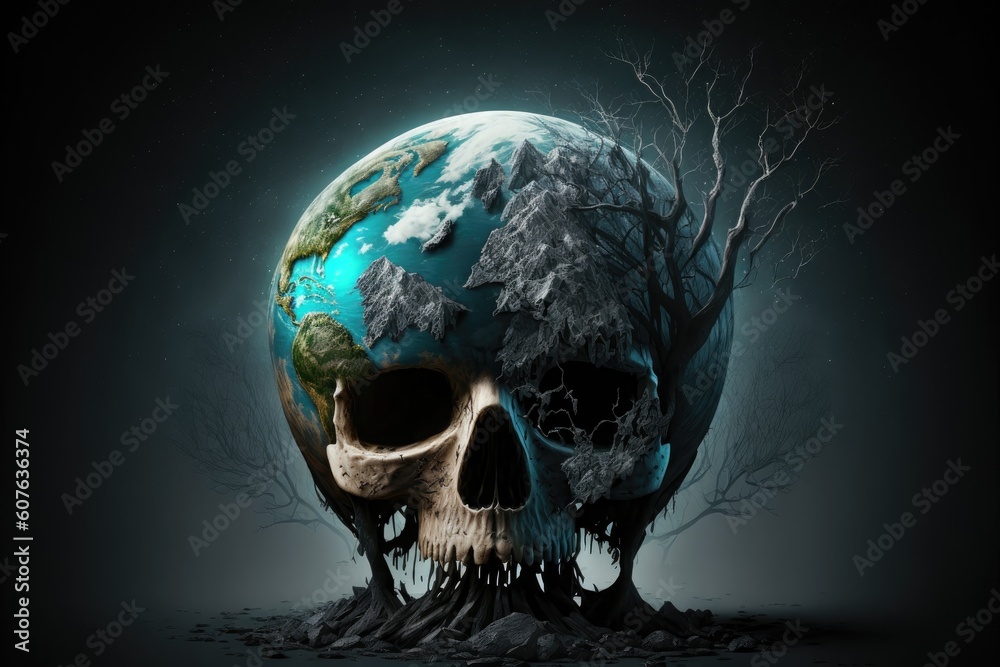 Fototapeta premium Plant Earth as human skull. Environmental disaster and pollution theme.
