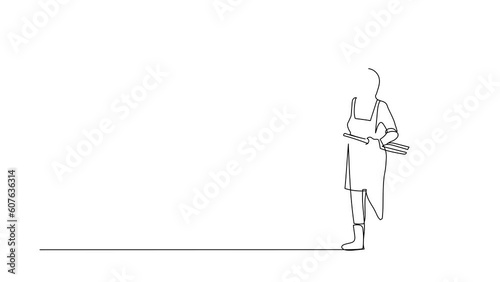 Animated self drawing of continuous one line draw blacksmith wearing apron standing holding hot blade forged with pliers and tongs. Medieval blacksmith making swords. Full length single line animation photo