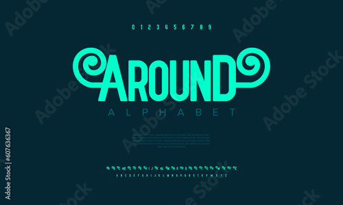Around abstract digital technology logo font alphabet. Minimal modern urban fonts for logo, brand etc. Typography typeface uppercase lowercase and number. vector illustration