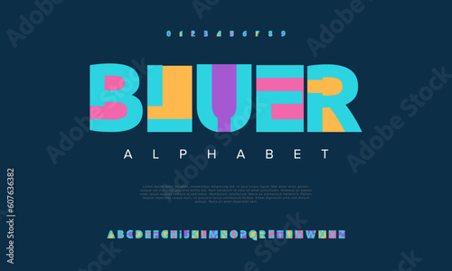 Bluer abstract digital technology logo font alphabet. Minimal modern urban fonts for logo, brand etc. Typography typeface uppercase lowercase and number. vector illustration