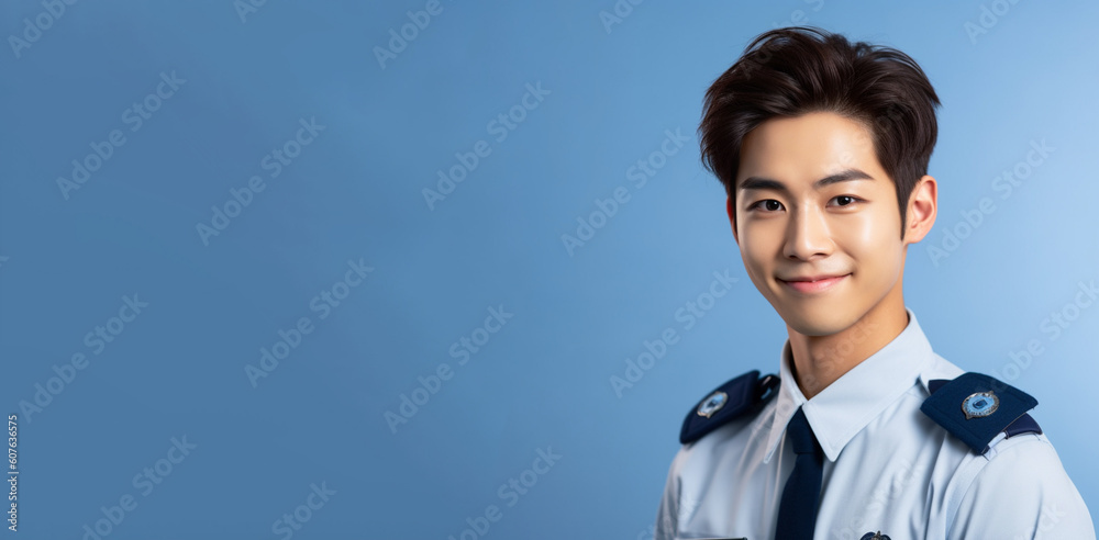 a smiling young male dressed as a police's in front of blue background generative ai a smiling young male dressed as a police's in front of blue background generative ai