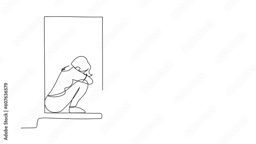 Animated self drawing of continuous line draw desperate young woman sitting on windowsill. Upset, depression, stress, melancholy, despair, frustration, life problems. Full length one line animation Animated self drawing of continuous line draw desperate young woman sitting on windowsill. Upset, depression, stress, melancholy, despair, frustration, life problems. Full length one line animation