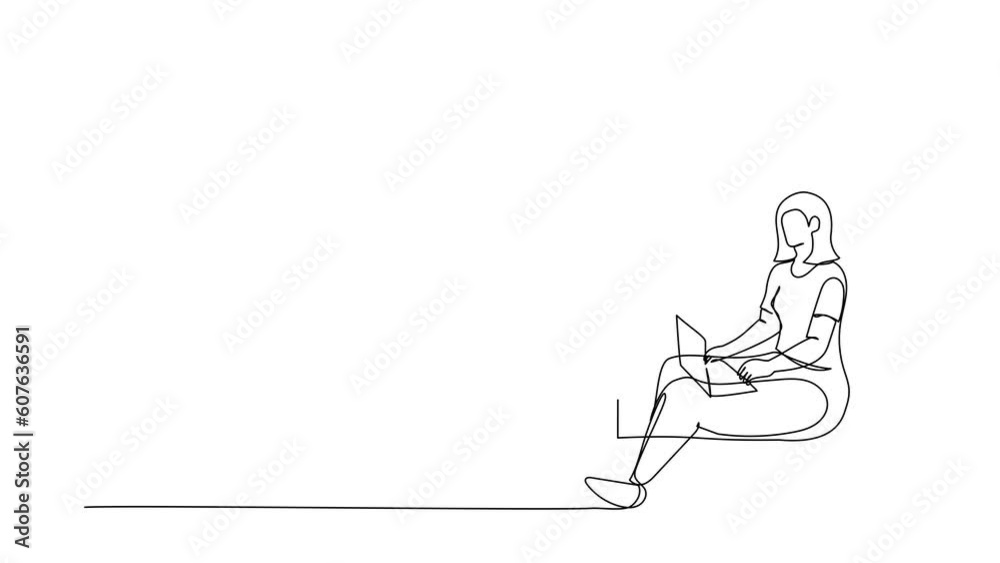 Animated self drawing of continuous line draw young woman sitting on windowsill and working with laptop. Remote work from home. Online education, studying student. Full length single line animation Animated self drawing of continuous line draw young woman sitting on windowsill and working with laptop. Remote work from home. Online education, studying student. Full length single line animation