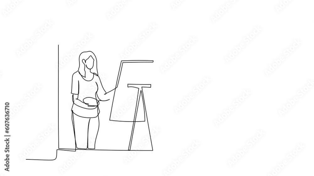 Self drawing animation of single line draw woman painter drawing near window. Female holding paint brush and palette, sketching on canvas. Artist painting. Continuous line draw. Full length animated Self drawing animation of single line draw woman painter drawing near window. Female holding paint brush and palette, sketching on canvas. Artist painting. Continuous line draw. Full length animated