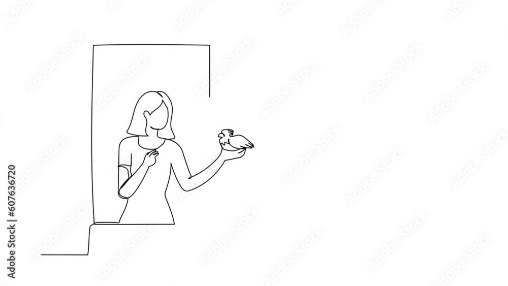 Animated self drawing of continuous line draw young woman standing on windowsill with bird in arm. Happy female on balcony with her pet. Open window to get fresh air. Full length one line animation Animated self drawing of continuous line draw young woman standing on windowsill with bird in arm. Happy female on balcony with her pet. Open window to get fresh air. Full length one line animation