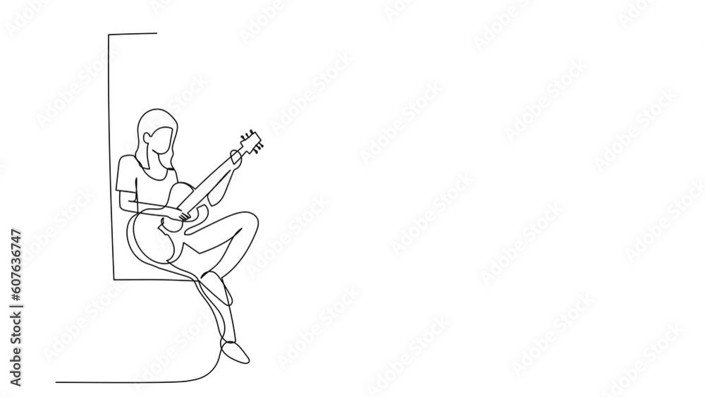 Animated self drawing of continuous line draw woman sitting on windowsill and playing acoustic guitar. Rest, stay at home, melancholic, relaxation, comfort, romantic. Full length one line animation Animated self drawing of continuous line draw woman sitting on windowsill and playing acoustic guitar. Rest, stay at home, melancholic, relaxation, comfort, romantic. Full length one line animation